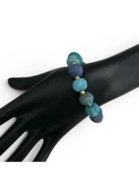 World Finds Kantha Bauble Bracelet in Azure Blues Upcycled Sari Fabric
